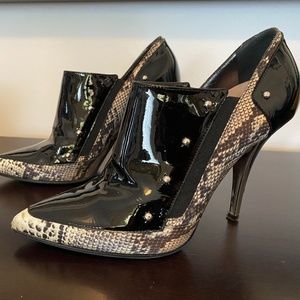 Casadei 7 Black Patent Leather Snakeskin Booties
